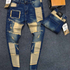 Pantalon jean Rétro découpé Slim Fit pour Homme - Couleur bleue et beige-Ref : 6813