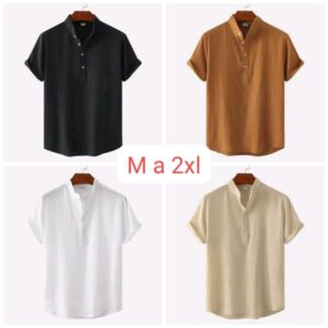 Chemise en lin, T- Shirt assortis à manches courtes - Couleur unie - Pour Homme-Ref : 7780