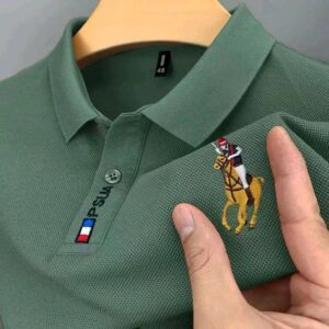 Polo brodé en pur coton, t-shirt à manches longues, revers de sport - Couleur Verte - Pour Homme-Ref : 8421
