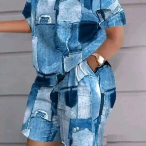 Ensemble haut et short abstrait- Couleur Bleue - Pour Femme-Ref : 8434