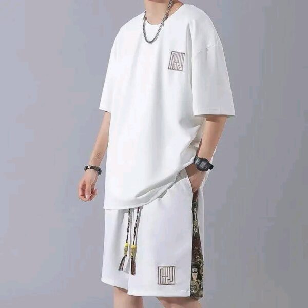 Costume gaufré à manches courtes pour hommes, style hongkongais, costume de sport et de loisirs, veste, pantalon, T-shirt ample, short tendance, 2024, 2 pièces - Couleurs Blanche, Noire, Grise, Bleue, Verte, Beige - Pour Homme-Ref : 11239 – Image 2