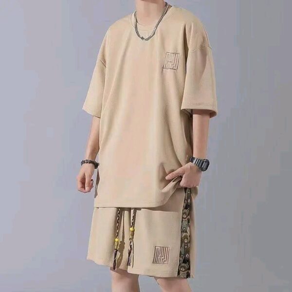 Costume gaufré à manches courtes pour hommes, style hongkongais, costume de sport et de loisirs, veste, pantalon, T-shirt ample, short tendance, 2024, 2 pièces - Couleurs Blanche, Noire, Grise, Bleue, Verte, Beige - Pour Homme-Ref : 11239 – Image 3