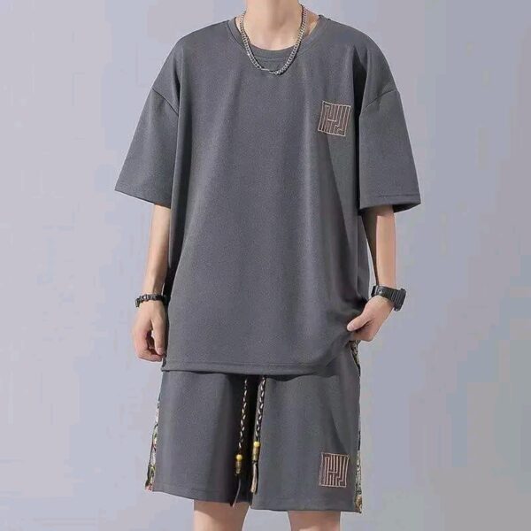 Costume gaufré à manches courtes pour hommes, style hongkongais, costume de sport et de loisirs, veste, pantalon, T-shirt ample, short tendance, 2024, 2 pièces - Couleurs Blanche, Noire, Grise, Bleue, Verte, Beige - Pour Homme-Ref : 11239 – Image 4