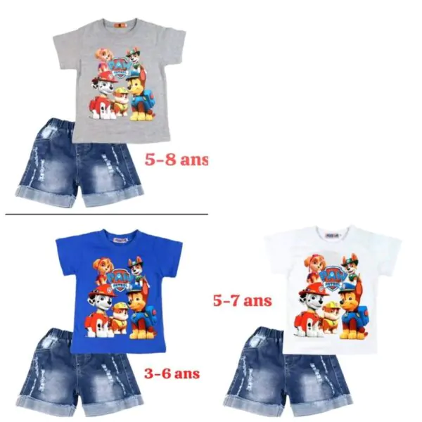 Vêtements été dessin animé pat patrouille, t-shirt à manches courtes + Short en jean, ensemble de 2 pièces - Pour Enfant-Ref : 8910